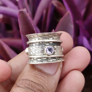 Amethyst Ring, Spinner Ring With Stone, Sterling Silver Ring, Mediation Ring, Wide Band Ring, Spinning Fidget Ring, Boho Ring,Statement Ring