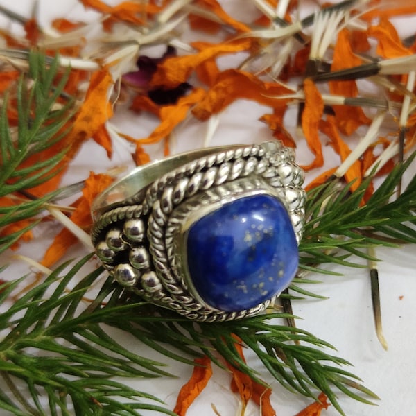 Pierścionek Lapis Lazuli, srebrny pierścionek, pierścionek z napisem, pierścionek Boho, niebieski pierścionek Lapis, obr