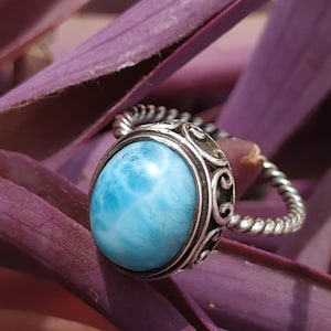 Natural Larimar Ring Sterling Silver Dominican Republican Larimar Ring Solitaire Ring Oval Ring Bridesmaid Gift Ideas Atlantic Stone Ring