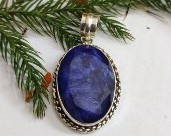 Sapphire Pendant, Sterling Silver, Blue Oval Pendant, Vintage Pendant, Designer Pendant, Unique Pendant, Hippie Pendant, Bridesmaid Gift Her