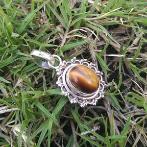 Op de afbeelding: Een zilveren hanger met een bruine en gouden tijgeroog-edelsteen, gezet in een decoratief zilveren frame. De hanger ligt op een bed van groen gras.
