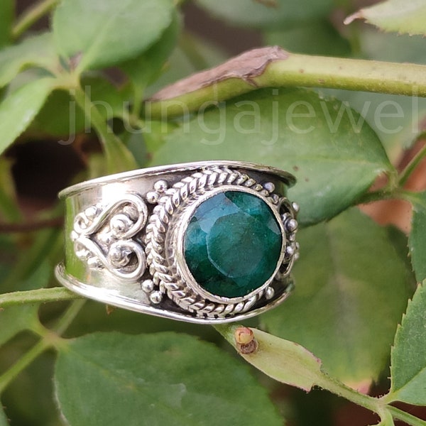 Emerald Ring Sterling Silver Wide Band Ring Gypsy Ring Designer Ring Promise Ring Statement Ring Bridesmaid Gift For Her Green Stone Ring
