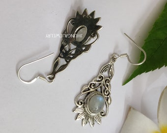 Moonstone Earring, Sterling Silver Boho Earring, One Of Kind Earring, Floral Earring, Unique Earring, Dangle Earring, Filigree Earring Gift