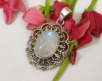 Moonstone Pendant Sterling Silver Pendant Healing Crystal Pendant Boho Pendant Blue Flash Pendant Vintage Pendant Bridesmaid Gift For Her
