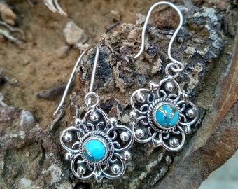Blue Copper Turquoise Earring 925 Silver Earring Statement Earring Floral Earring Minimalist Earring Wife Gift Vintage Earring Boho Earring