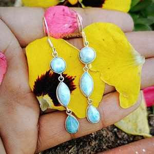 Natural Larimar Earring, Sterling Silver, Three Stone Earring, Anniversary Gift for Her, Long Earring, March Birthstone, Classical Earring