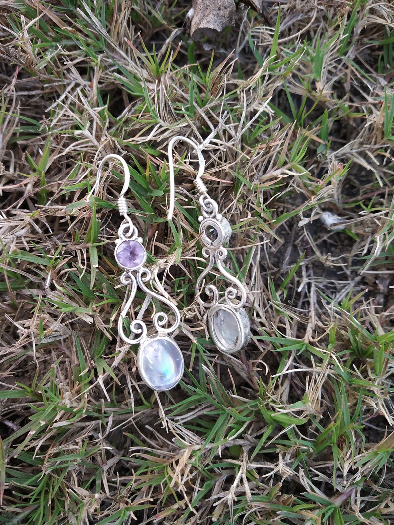 Rainbow Moonstone /& Amethyst Earring Silver Earring June Birthstone Boho Earring Vintage Earring Bridal Gift for Her Engagement Earring Gift