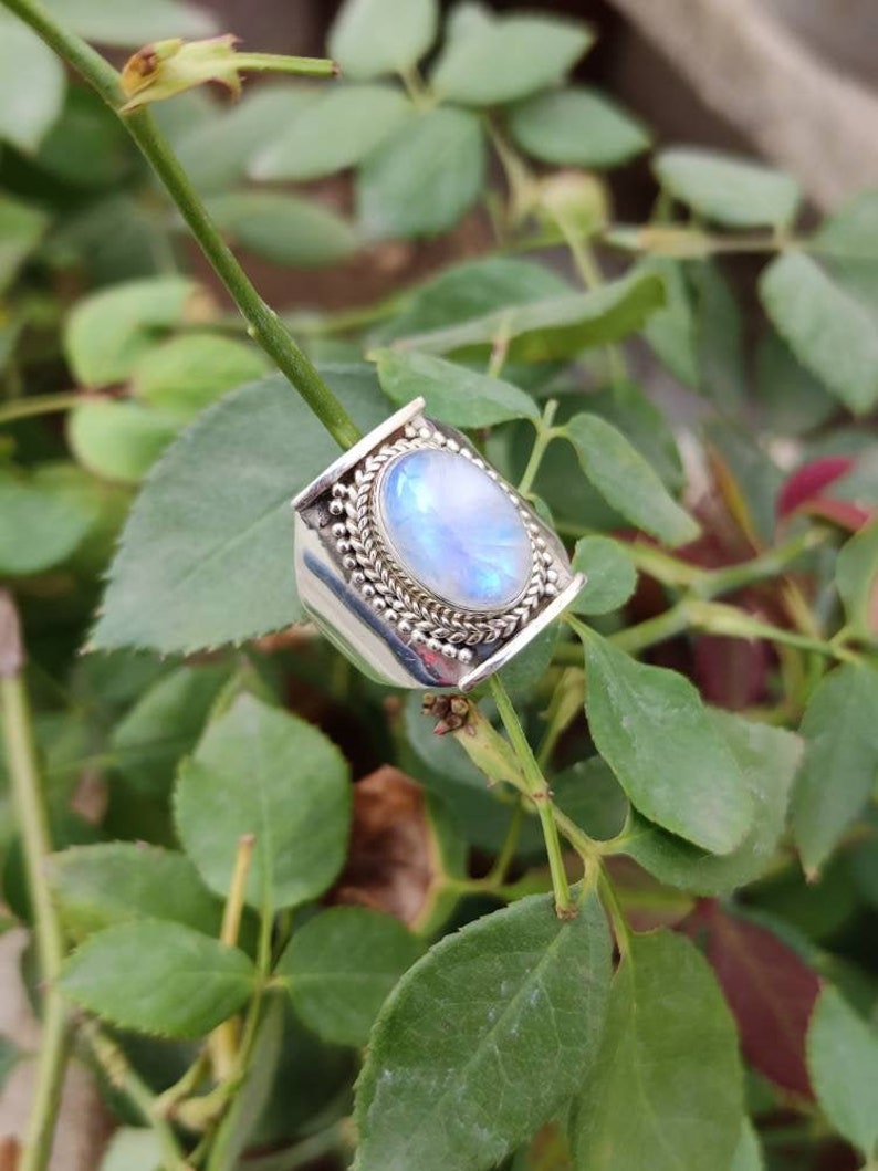 Natural Moonstone Ring Sterling Silver Ring Healing Ring Blue Flash Ring Promise Ring June Birthday Filigree Ring Love Stone Bridesmaid Ring image 1