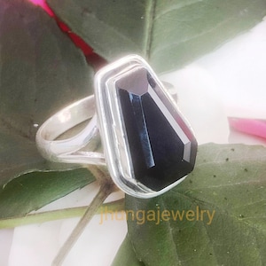 Black Onyx Ring, Sterling Silver Coffin Ring, Gothic Ring, Dainty Ring, Women Ring, Coffin Stone Ring, Gift For Her, Bridal Engagement Ring