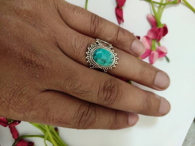 Bridesmaid Gift Boho Turquoise Ring Vintage Ring 925 Sterling Silver Promise Ring Gypsy Ring Stylish Ring Organic Ring Celtic Ring