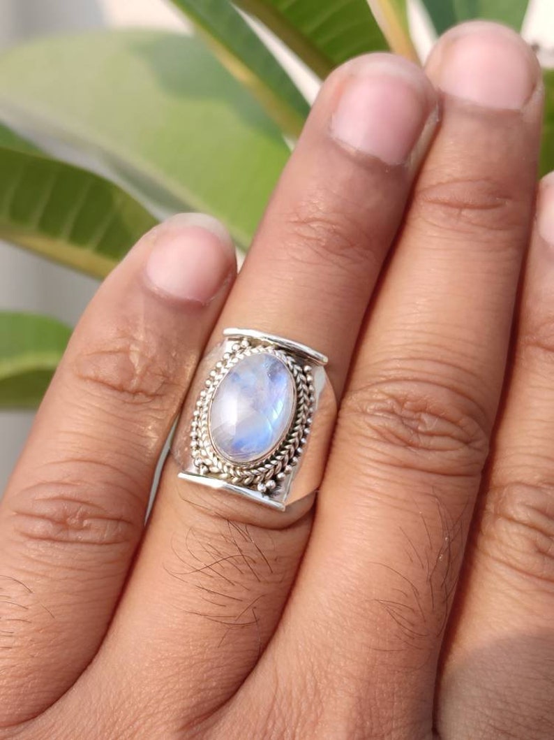 Natural Moonstone Ring Sterling Silver Ring Healing Ring Blue Flash Ring Promise Ring June Birthday Filigree Ring Love Stone Bridesmaid Ring image 5