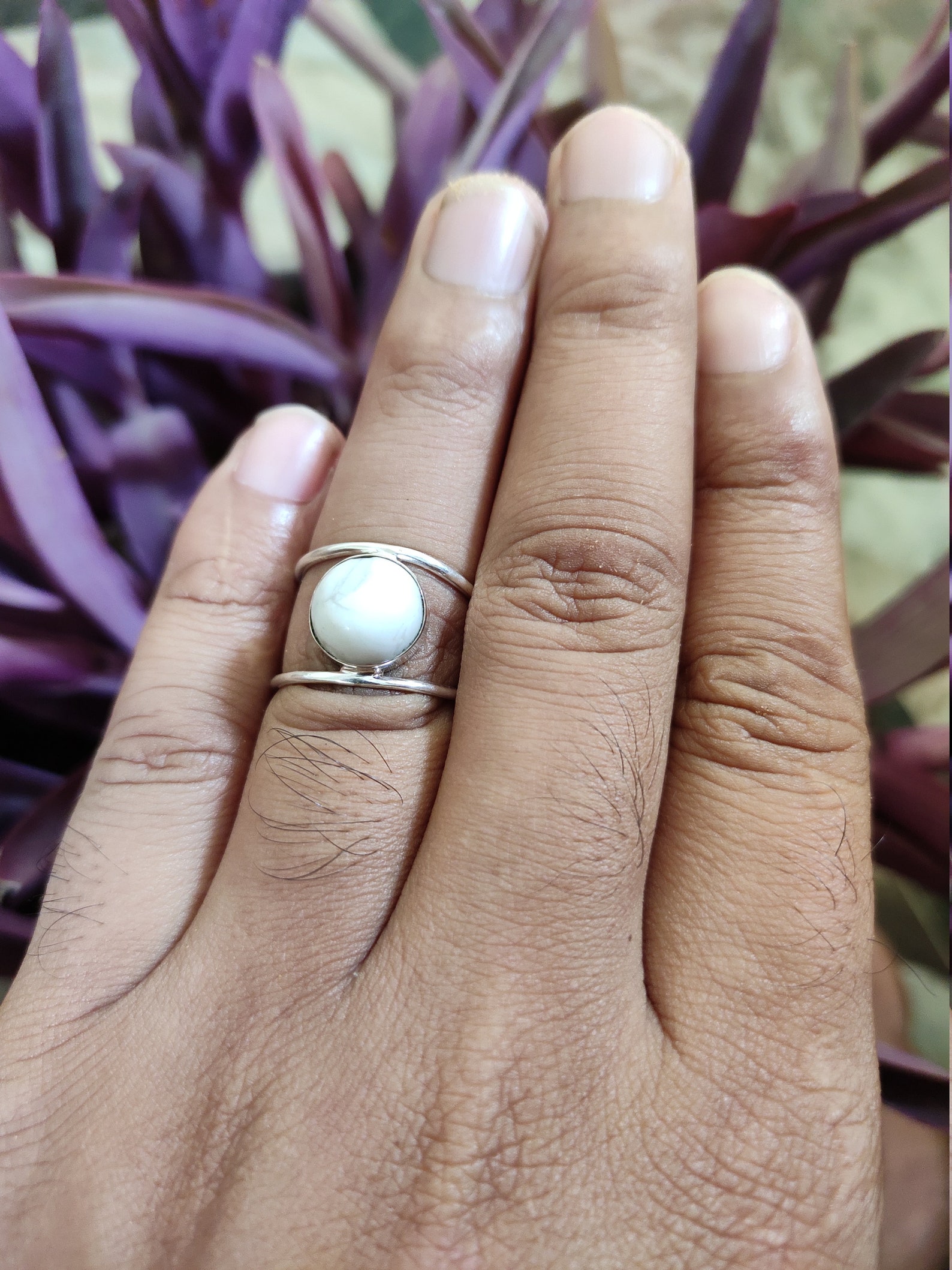 Buy White Howlite Ring Sterling Silver Marble Ring Double Band Online ...