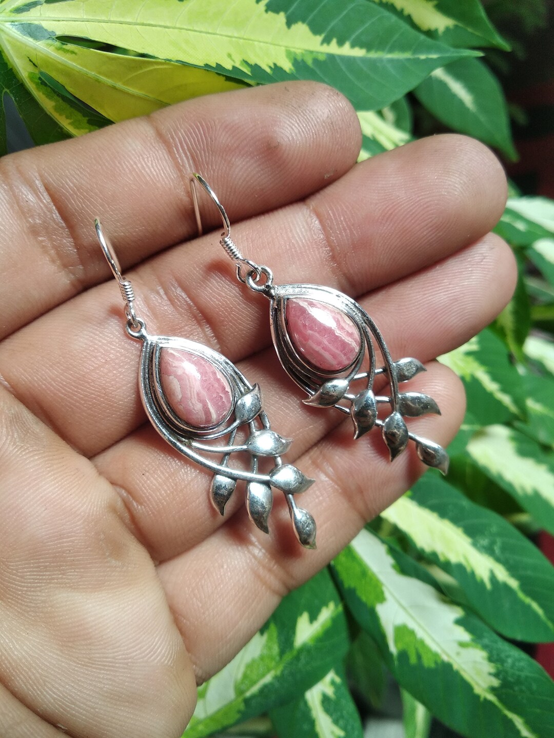 Rhodochrosite Earring, 925 Silver, Leaf Shape Earring, Classic Earring, Vintage Earring, Party