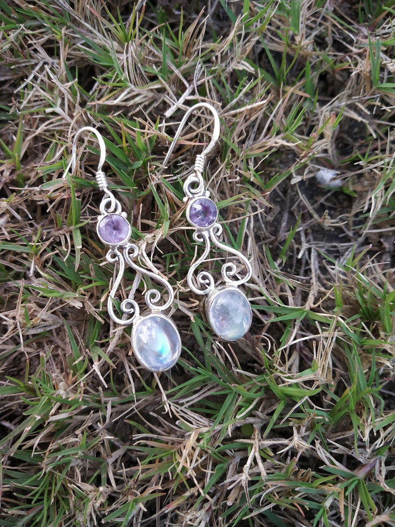 Rainbow Moonstone /& Amethyst Earring Silver Earring June Birthstone Boho Earring Vintage Earring Bridal Gift for Her Engagement Earring Gift