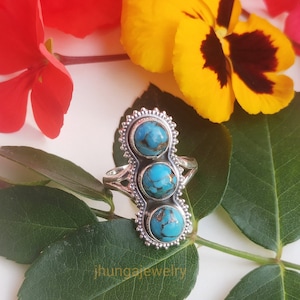 Blue Copper Turquoise Ring, Sterling Silver Long Ring, Statement Ring, Promise Ring, Vintage Ring, Hippie Ring, Boho Ring, Three Stone Ring