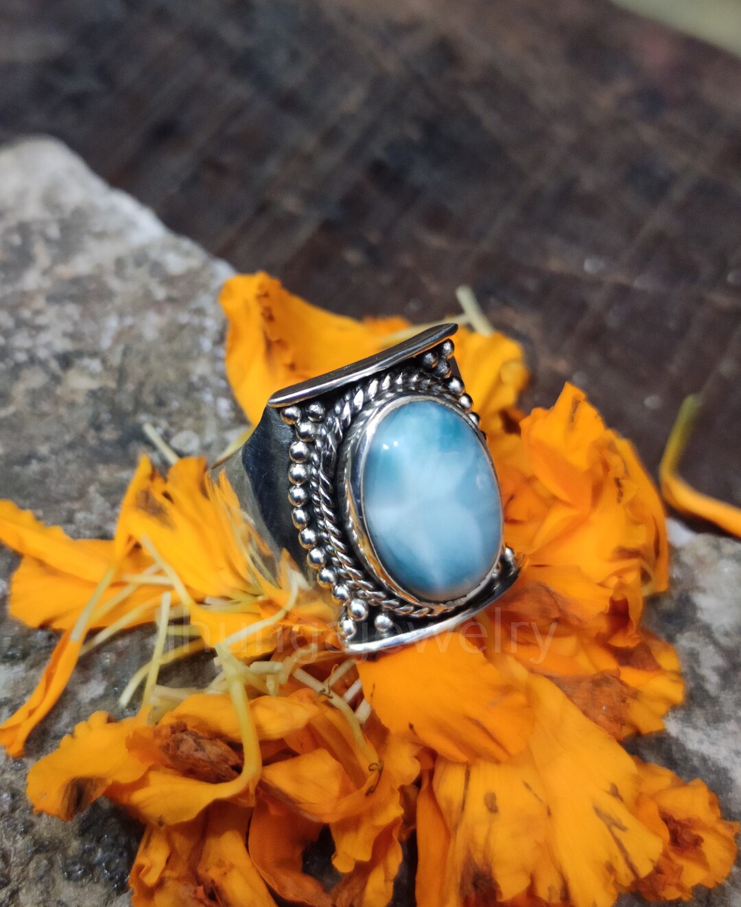 Buy Larimar Ring Sterling Silver Wide Band Ring Dominican Larimar Ring ...