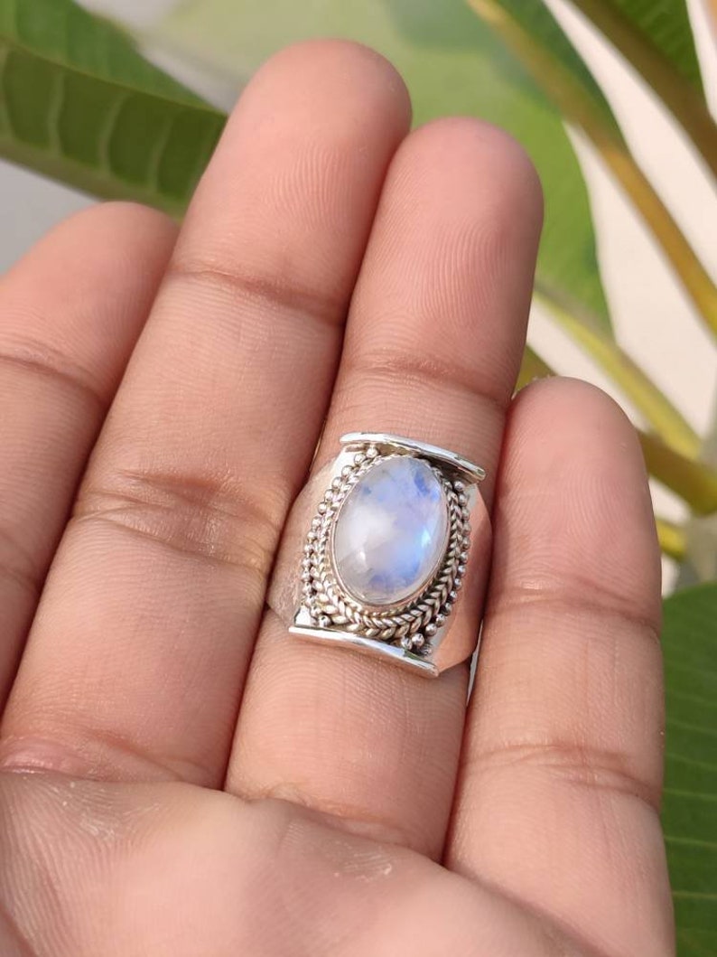 Natural Moonstone Ring Sterling Silver Ring Healing Ring Blue Flash Ring Promise Ring June Birthday Filigree Ring Love Stone Bridesmaid Ring image 4