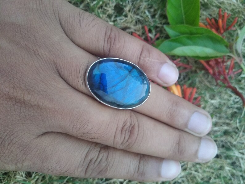 Large Stone Ring Bridesmaid Ring Promise ring Labradorite Ring Sterling Silver Blue Fire Labradorite Ring Boho Ring Anniversary Gift