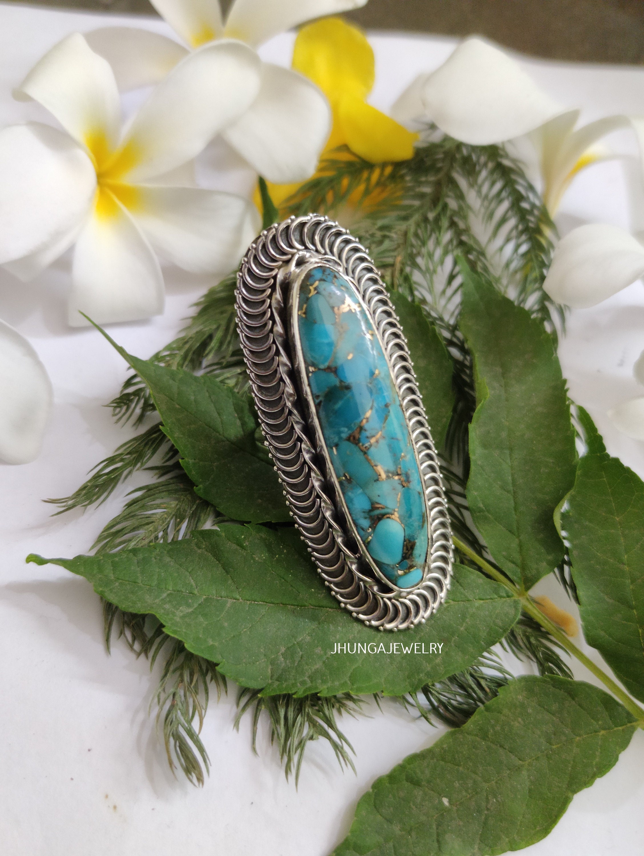 Turquoise Ring Sterling Silver Long Ring Statement Ring Full Finger ...