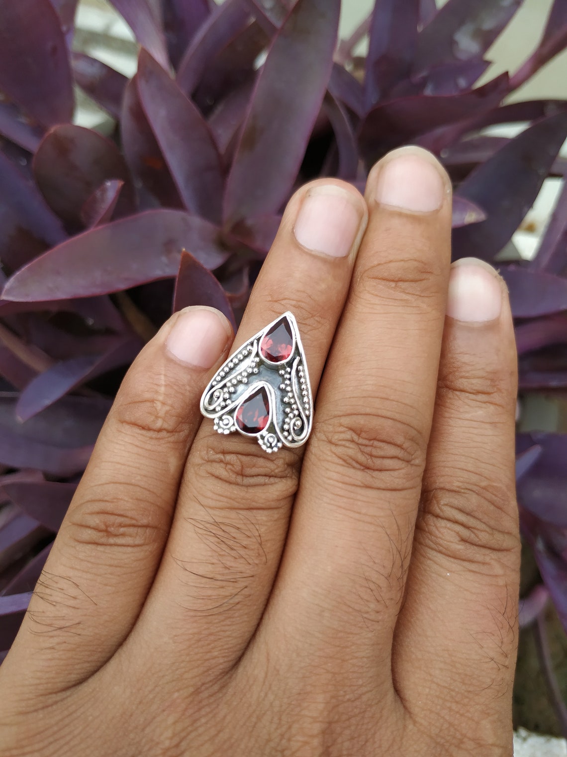 Garnet Ring, Sterling Silver, January Birthday, Two Stone Ring ...