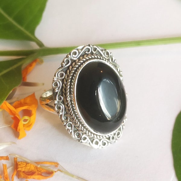 Black Onyx Ring 925 Silver Large Oval Stone Onyx Ring Statement Ring Boho Ring Anniversary Ring Onyx Jewellery Fantasy Ring Big Stone Ring