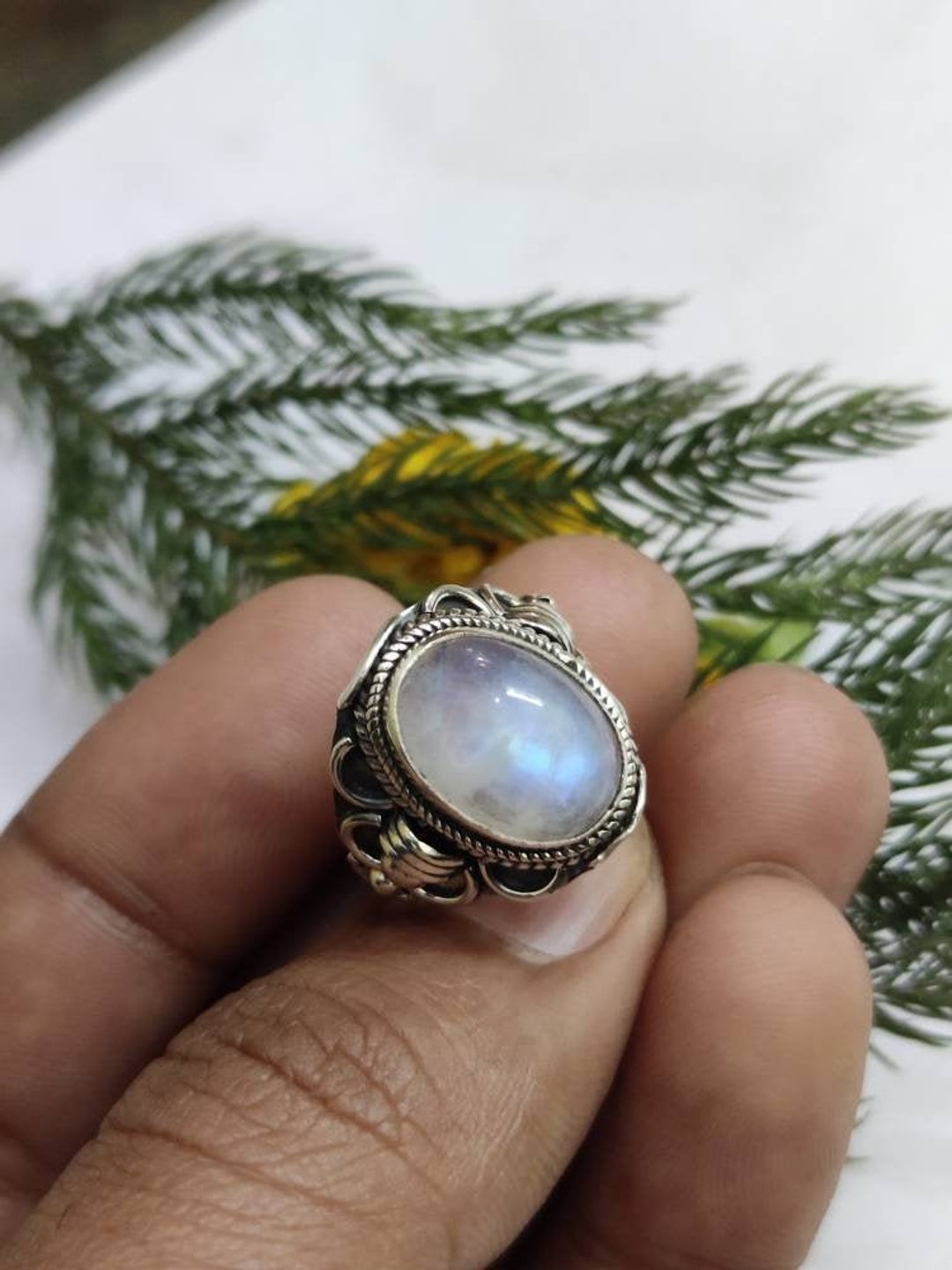Buy Natural Moonstone Ring Sterling Silver Ring Blue Fire Online in ...