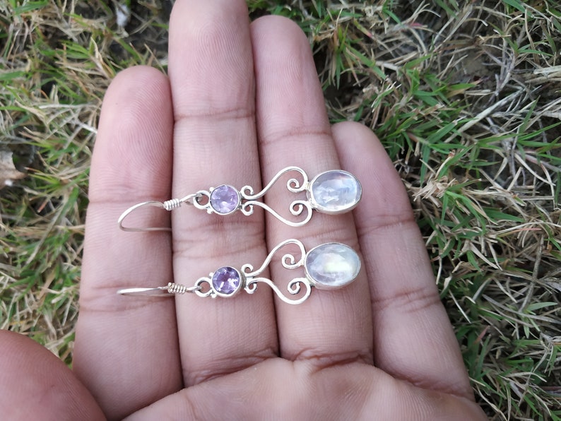 Rainbow Moonstone /& Amethyst Earring Silver Earring June Birthstone Boho Earring Vintage Earring Bridal Gift for Her Engagement Earring Gift