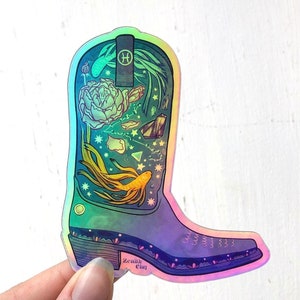 Pegatina holográfica del signo del zodiaco Piscis / Diseño de botas de vaquero / Pez beta y amatista / Lirio de agua / Arte astrológico occidental