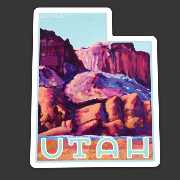Utah Vinyl Sticker - Painted Desert Landscape - Southwest Hiking - Travel Waterproof Decal - State Map - Red Rock Beauty