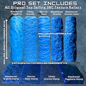 May include: A set of five bright blue cylindrical texture rollers and four matching rectangular stamps. The rollers measure 8.5 inches in length and 2.625 inches in diameter. Textures include Weathered Flagstone, Classy Granite, Narrow Slate, and Weathered Granite.