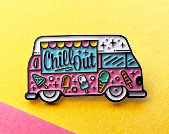 IceCream Campervan Pink enamel pin badge, chill out with a cone or lolly...