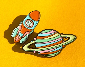 Rocket & Planet Enamel Pin badge combo, enter orbit with this duo...