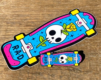 Enamel Pin and sticker combo RAD Skull 80’s neon skateboard, blue and pink neon edition...
