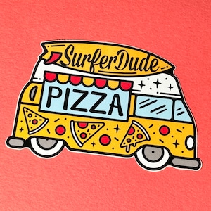 Surfer Dude Pizza Truck , vinyl laptop stickers, a great gift for those sticker collectors!!