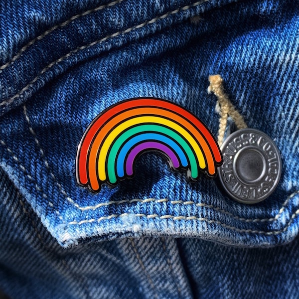 Pride Rainbow hard enamel pin, a great accessory for your denim jacket.