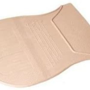 May include: A beige bath mat with a textured surface and two raised circles. The mat is designed to provide traction and prevent slipping in the shower or bathtub.