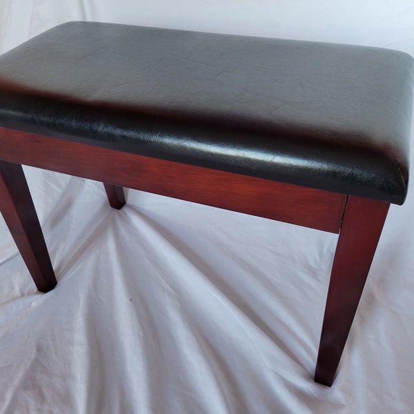 Piano Bench - Traditional Mahogany with Black Vinyl Upholstered Seat | Storage for Sheet Music