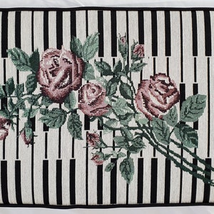 Piano Bench Cushion - Keyboard and Rose Tapestry Pattern - Box Edge Style with Piping Trim | Your Choice of Size and Thickness
