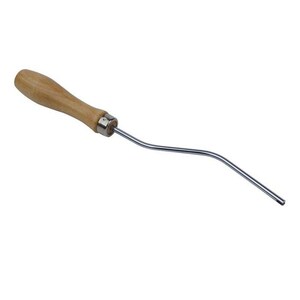 May include: A wooden handled tool with a long, curved metal needle. The tool is used for threading yarn through fabric.