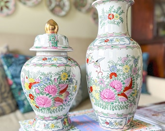 Vintage Famille Rose Medallion Chinoiserie 12" Temple Jar OR 14" Vase - Grandmillennial - Shabby Chic - Southern Home Style - Asian Decor