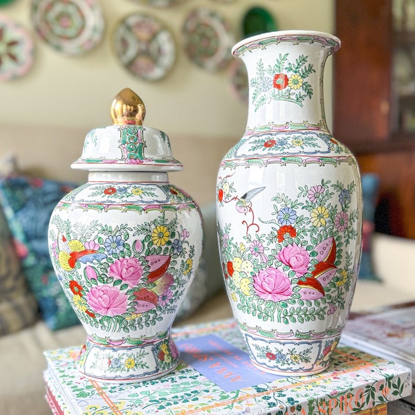 Vintage Famille Rose Medallion Chinoiserie 12" Temple Jar OR 14" Vase - Grandmillennial - Shabby Chic - Southern Home Style - Asian Decor