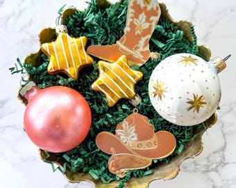 6 Vintage Pink and Gold Christmas Ornaments: Cowboy, West Germany, Poland, Shiny Brite