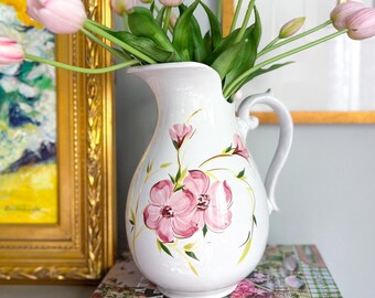 Vintage 11" Italian Glazed Terra Cotta Floral Pottery Pitcher