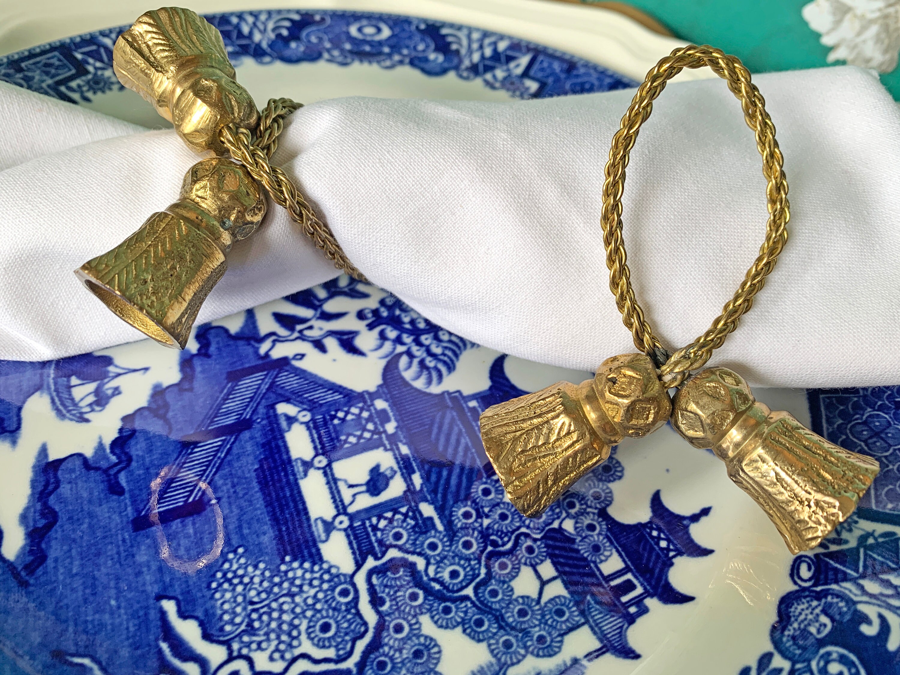 Antique Brass Tassel Bendable Braided Rope Napkin Rings Holders Set of 9
