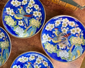 Vintage PAIR of 4.5" Chinoiserie Phoenix and Cherry Blossom Trinket Dishes - Blue Porcelain - Chinese Republic - Ring Dish