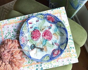 Antique 8.25" Wasmuel Majolica Plate with Blue Roses, Belgium c.1890