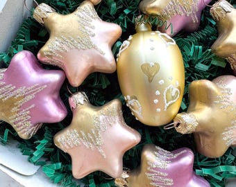 Box of 12 Vintage Christmas Ornaments: Stars in Purple, Coral, Gold, West Germany