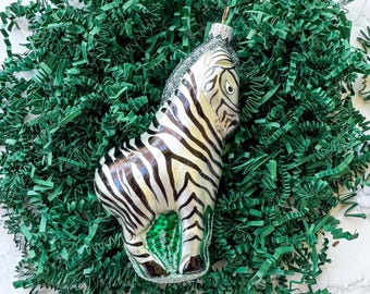 Vintage 5.5" Polish Glass Zebra Christmas Ornament