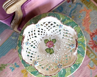 8" Hand Painted Portuguese Reticulated Handled Basket