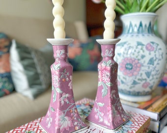 Pair of Macau Hand Painted Floral Candlesticks - Vintage - Chinoiserie - Decor - Dinner Party - Shabby Chic Candle Holders - Grandmillennial
